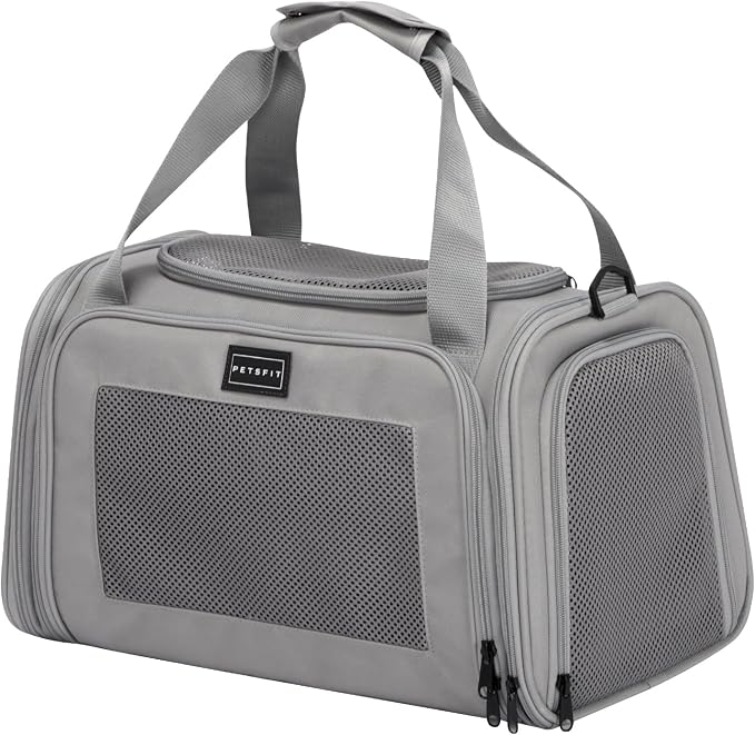 PETSFIT Cat Carrier, Grey, Small and Medium Cats Under 12 Lbs | Airline Approved, Soft Carrier, Soft Cat Travel Bag, Kitten Carrier with Extendable Mat