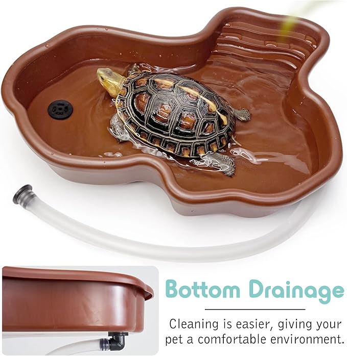 kathson Large Turtle Pool with Ramp and Hose, Tortoise Water Bowl Reptile Bathing Tub Amphibians Feeding Accessories for Bearded Dragon Lizard Frog Snake Gecko Scorpion Habitat (Brown)