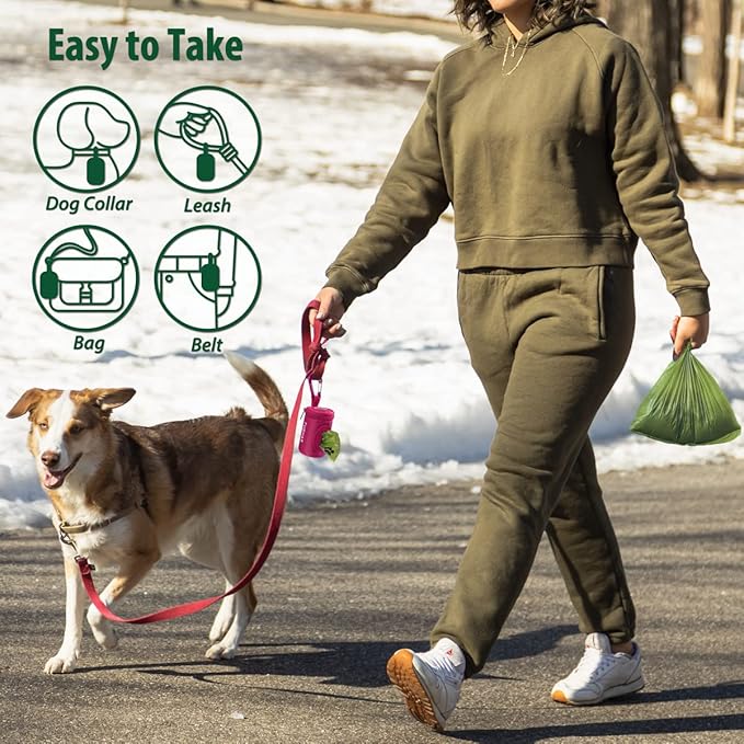 FURHAB Dog Poop Bag Holder for Leash Doggie Waste Bag Dispenser Soft Fabric Puppy Potty Carrier Small Doggy Zipper Pouch with Carabiner Clip 1680D Nylon Oxford with 1 Roll of Pet Trash Bags, Rose Red