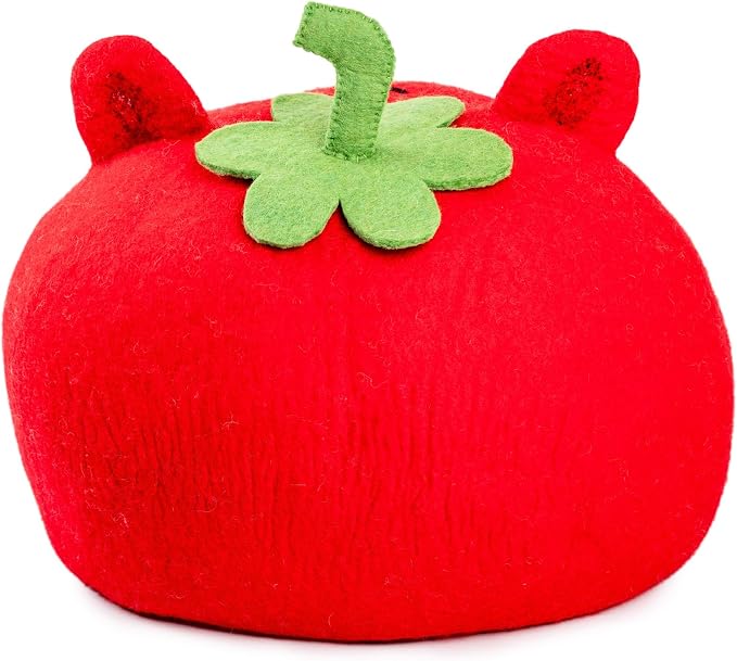 Luxurious Merino Wool Cat Cave - Foldable Hideaway Pod for Indoor Cats - Premium Felt Kitten Pet Enclosure - Covered Cat House for Ultimate Cozy Comfort by Woolygon (Red Frog)