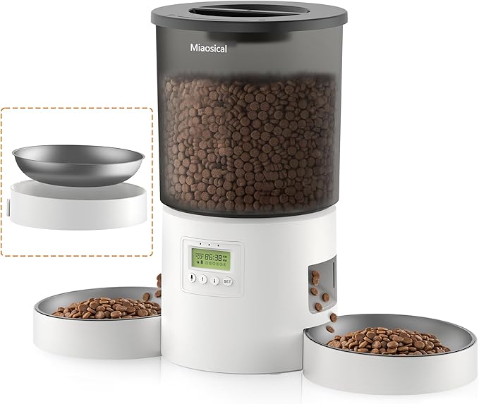 Automatic Cat Feeder 2 Cats, 4.2L Dry Food Auto Dispenser with Double Bowls,Dual Power Supply,Programmable Portion Control,10s Voice Recorder(Black,Stainless Steel Bowls) (Transparent+White)
