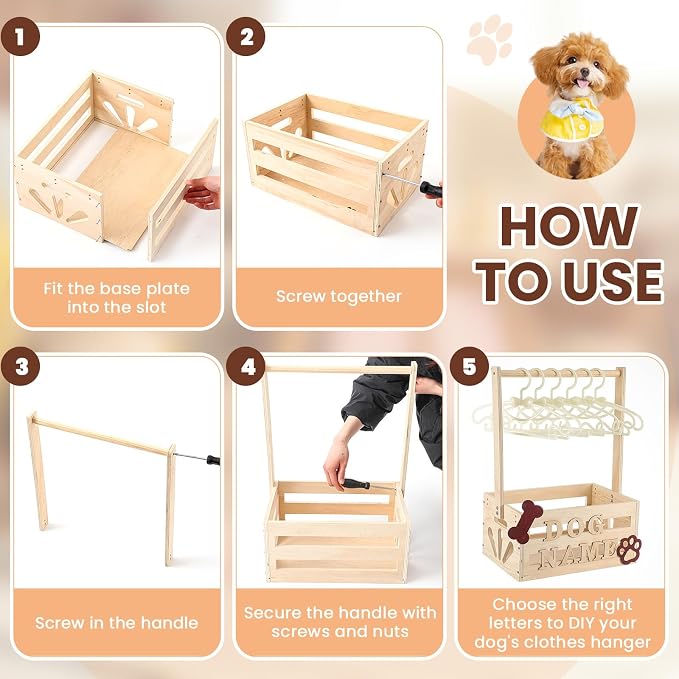 Teenyyou 20 x 13 x 9 Wooden Dog Closet Pet Wardrobe Crate Box with Hanging Rods and Personalized Alphabet Letters Easy Assembly Baskets for Dog Cat Toys Clothes Accessories(Wood)