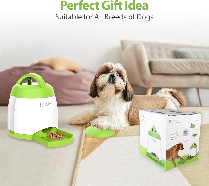 PETGEEK Dog Food Dispenser Toy, Interactive Pet Toys Treat Dispensing for IQ Training, Automatic Dog Treat Dispenser with Button Remote Push, Dual Power Supply for Indoor Outdoor Use, Green Color | Automatic Food Dispenser, Dual Power Supply, Remote Bu...