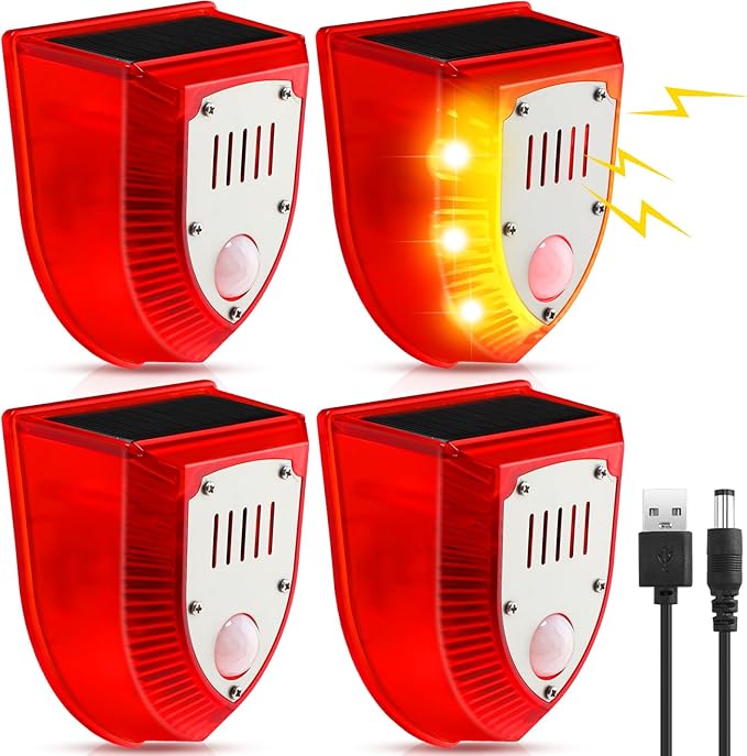 Qualirey 4 Pcs Solar Alarm Motion Detector with Sound Outdoor Motion Sensor 129db Barking Dog Strobe Light Gunshot Sound Alarm Detector Noise Maker Warning Lamp for Home Villa Yard Farm