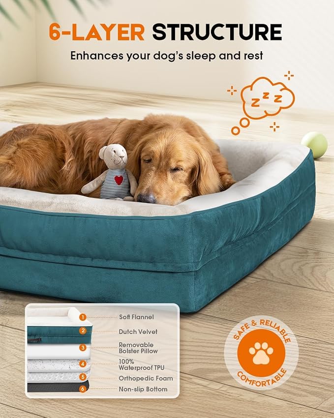 Upvilla Orthopedic Dog Bed XXL, Four-Sided Dog Sofa, Washable Cover, Blue | Removable Waterproof Dog Bed Cover, Egg-Crate Orthopedic Foam, Built-In Carry Handle, Indoor Large Pet Beds, Cat Beds