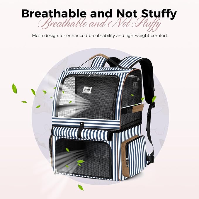 Double Cat Backpack Carrier for 2 Cats, Double-Compartment Pet Carrier Backpack for 2 Small Cat or One Medium Cat, Cats Carrier Backpack Dog Carrier Backpack Fits Up to 24 Lbs,Blue Striped