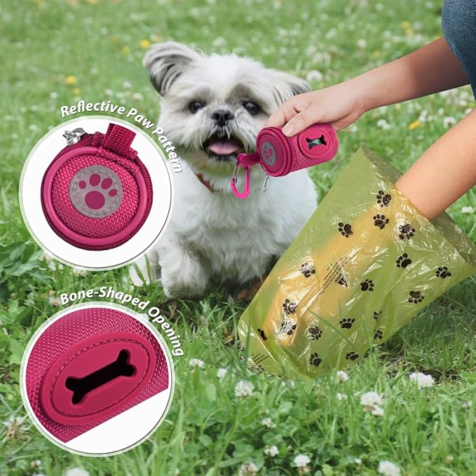 FURHAB Dog Poop Bag Holder for Leash Doggie Waste Bag Dispenser Soft Fabric Puppy Potty Carrier Small Doggy Zipper Pouch with Carabiner Clip 1680D Nylon Oxford with 1 Roll of Pet Trash Bags, Rose Red