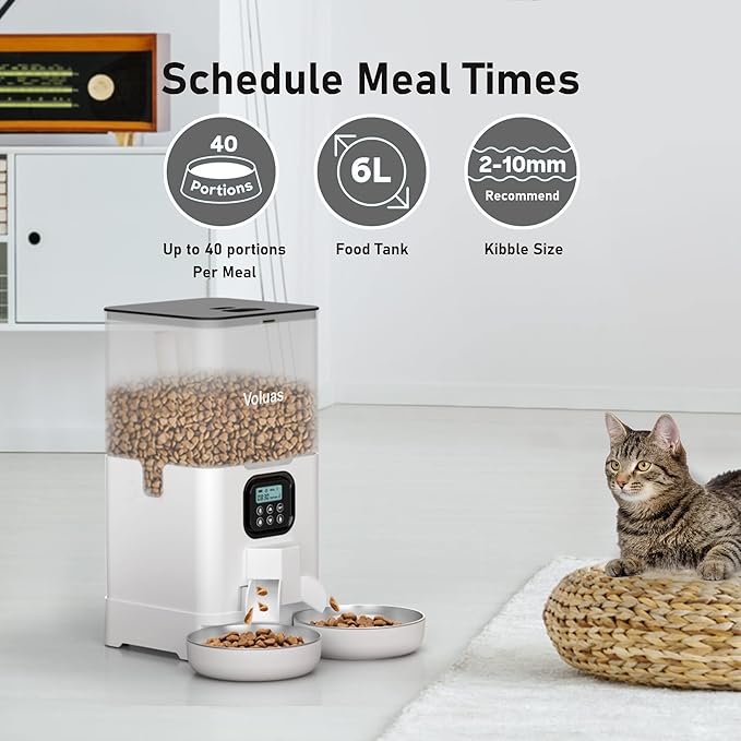 Distributeur automatique de nourriture Voluas pour deux chats, distributeur double pour animaux avec 2 gamelles en acier inoxydable, distributeur de nourriture pour chat de 6 L avec fonction de mémorisation