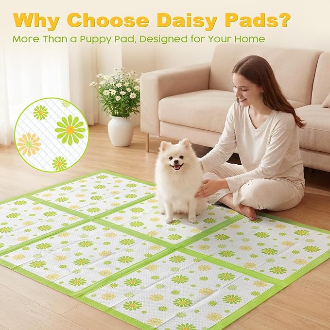 MIZOK Puppy Pads with Adhesive Tabs Green Daisy Prints Small 22x22in 100Ct | Cute Printed Wee Wee Pads for Dogs Feature Fun Designs and Sticky Bottom Strips to Keep Indoor Training Mess Free