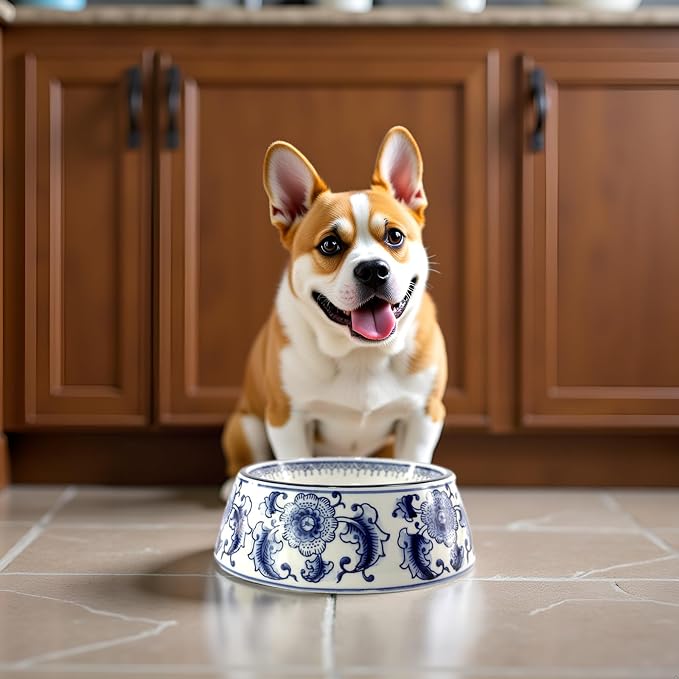 Blue and White Porcelaine Dog Bowls Ceramic Dog Cat Food and Water Bowls (5.8x7.2x2.4inch)