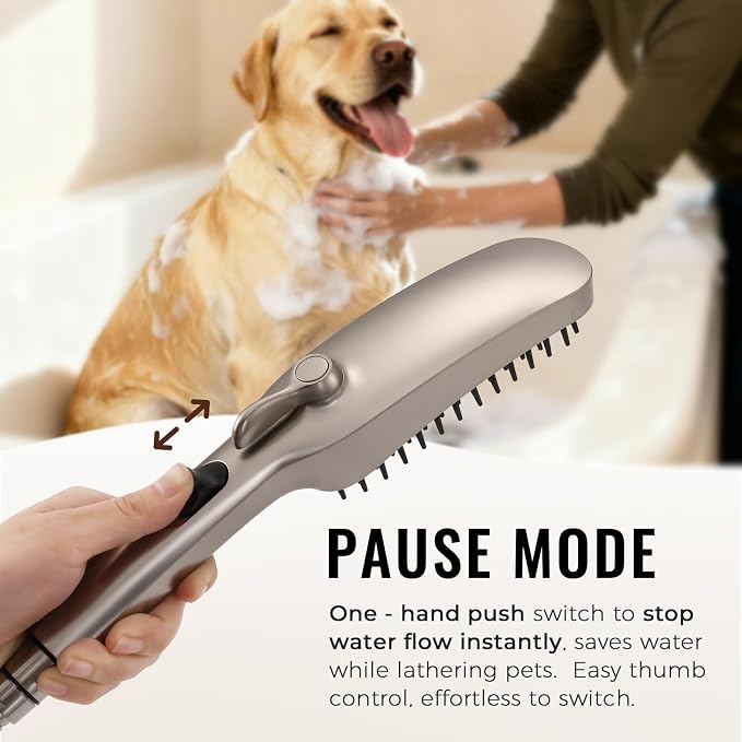 G-Promise 3 Mode Dog Shower Attachment with Pause Mode | High Pressure, Built-In Brush for Wash & Groom, Extra Long Hose, Easy Install, for Indoor & Outdoor Use