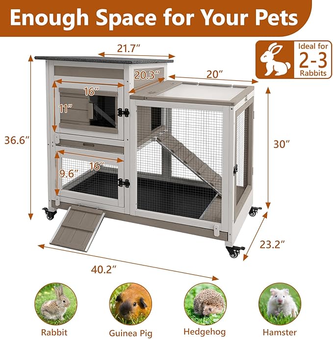 2 Story Rabbit Hutch Indoor with 2 Deeper Pull-Out Trays, Wooden Guinea Pig Cages with 4 Lockable Wheels, Ramp, Chew-Anti Metal Strip for Rabbit, Guinea Pig, Hamster(40.2" L X 23.2" W X 36.6" H)