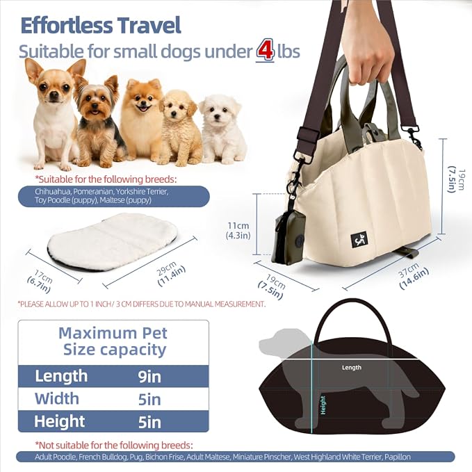 Small Dog Carrier Purse, Portable Pet Carrier Tote Carrier with Pockets, Adjustable Safety Leash, Waterproof Dog Travel Bag, Travel Pets Purse up to 4 Lbs, Cream Beige