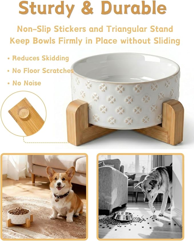 TRUVIC Ceramic Dog Bowl with Wood Stand, Jun Blanc Four-Leaf Clover Relief Dog Food and Water Bowl, 2 Cup/14 oz Puppy Food Bowl for Medium Dogs, Dishwasher Safe, Modern Geometric, Four-Leaf Clover