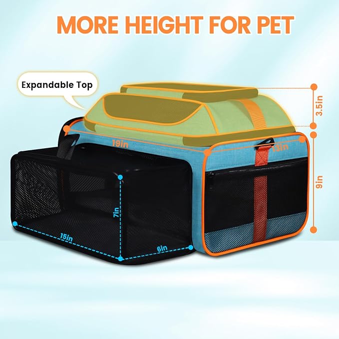 Top and Side Expandable Pet Carrier Airline Approved, Blue | 19"L x 13"W x 9"H, for Southwest Allegiant Airlines, Lockable Safety Zippers and Anti-Scratch Mesh, Pets Under 12 lbs