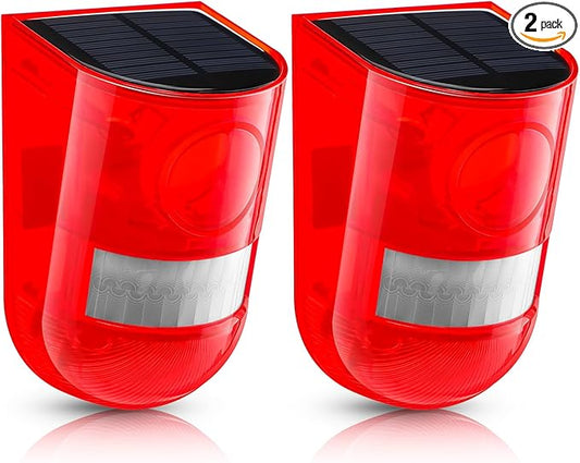 Qualirey 2 Pack Solar Sound and Light Alarm Motion Sensor 129db Outdoor Security Siren Waterproof Motion Activated Detector Alarm 6 LEDs Flash Warning Strobe System for Home, Farm (Red)