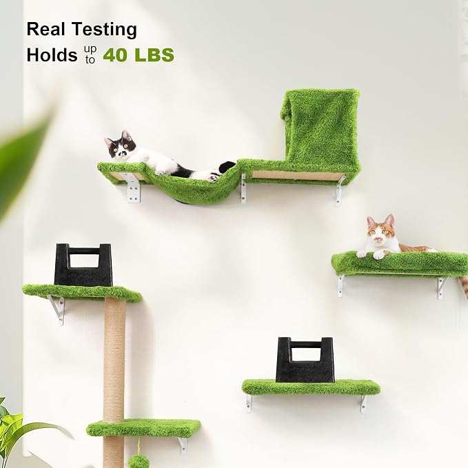 FUKUMARU Cat Wall Shelves, 4 in 1 Set, Green | Stable & Safe Cat Walls Furniture, Wooden Kitten Climbing Wall with Scratching Post for 16 Inch Drywall