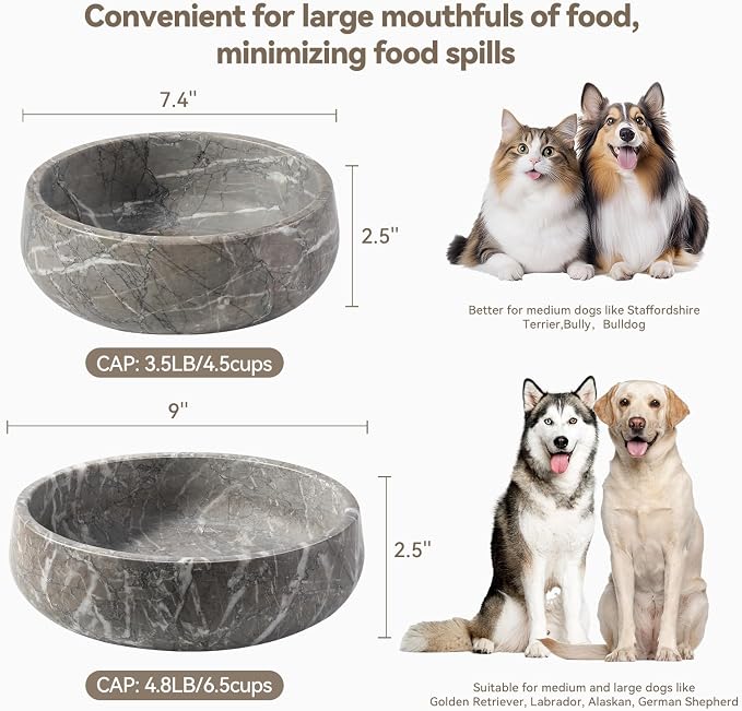 Karibiber Marble Dog Bowl, 6lbs Weighted Dog Food Bowl, Non-Slip Large Heavy Water Bowls, Grey Stone Food and Water Dish for Medium Dogs, Natural Marble, Easy to Clean, Holds 6 Cups
