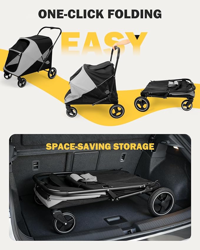 Dog Stroller for Large & Medium Dogs, 4 Wheels Pet Stroller for Large Dogs up to 120lbs, Extra Large Dog Stroller with Foldable Design, Sun Shades, Storage Pocket, Breathable Mesh