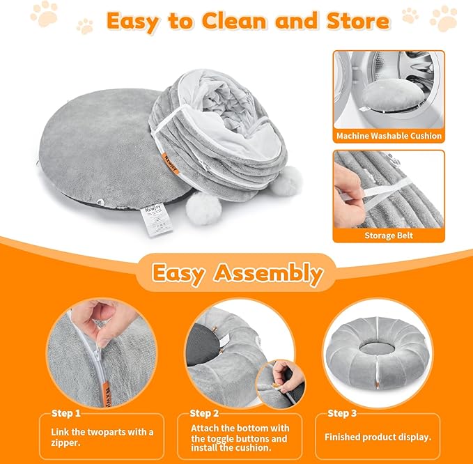 Cat Tunnel Bed for Indoor Cats 35.5 Inch XL Cat Donut Tunnels Grey | 2 in 1 Cat Tunnels for Indoor Cats Kitten Puppy Rabbit Pet Tunnel Toy with Washable Cushion Bed Grey