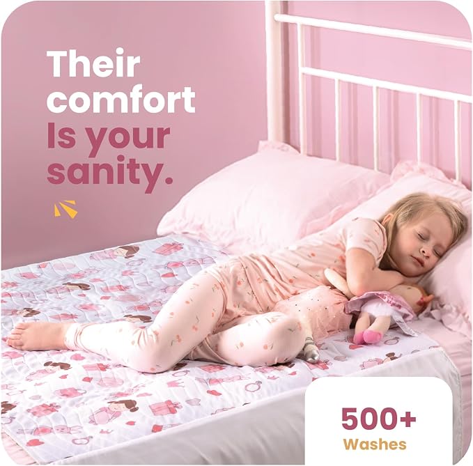 IMPROVIA® Pee Pads for Kids - Bed wetting Pads for Kids Potty Training Bed mats for Toddlers Waterproof Reuseable Washable Absorbent, Non Slip - Doll Design - Full Size 34"x52"