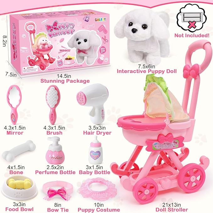 Golray Electronic Toy Dog and Cat for Kids Girls, 10 Pcs Puppy Pet Care Pretend Play Set 16 Pcs Kitten Carrier & Pet Groom Feed Care Set