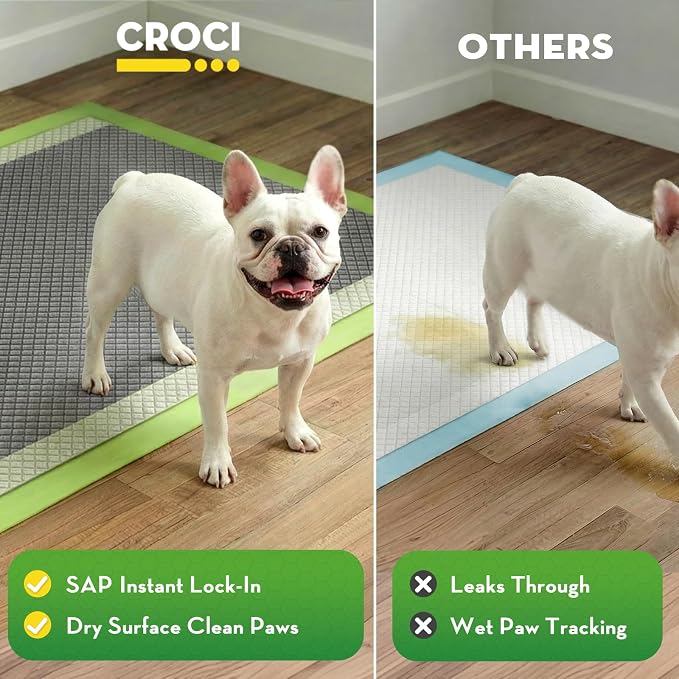 CROCI Charcoal Puppy Pads with Adhesive Tabs 2X Odor Control 22x22in 100Ct | Super Absorbent Pee Pads for Dogs, Quick-Dry Surface, Unscented, Renewable Bamboo Material, Disposable