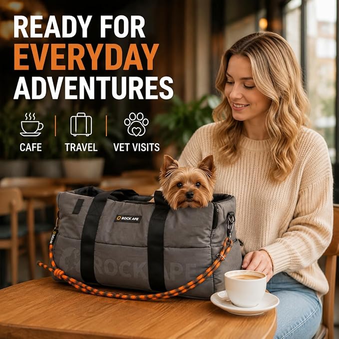 ROCK APE Water-Resistant Pet Carrier Tote, 280D Taslan Soft-Sided Travel Bag for Small Dogs & Cats, Lightweight Dog Purse with Padded Mat & Safety Leash (Grey)