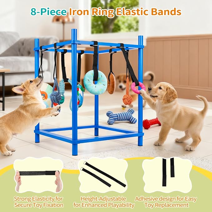 Wooden Puppy Play Gym for Small Dog with 8 Hanging Toys, Blue Frame | Wood Puppy Jungle Gym Indoor & Dog Enrichment Toys for Puppies 0-6 Months