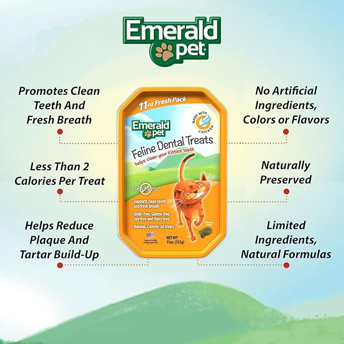 Emerald Pet Grain-Free Cat Dental Treats with Chicken – Crunchy Natural Dental Treats for Cats to Clean Teeth, Freshen Breath, and Reduce Plaque & Tartar – 11 oz Tub