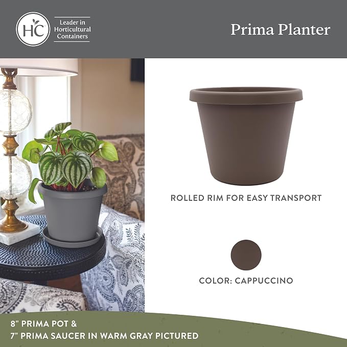 The HC Companies 8 Inch Prima Round Planter Pots with Drainage Holes and Rolled Rim, Lightweight UV-Resistant Plastic Indoor & Outdoor Planters, 4-Pack Flower Pots for Garden & Home Decor, Cappuccino