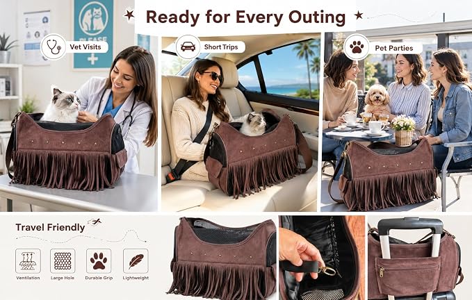 Designer Dog Carrier, Small Dog & Cat Carrier Bag with Secure Zipper Lock, Inner Safety Leash, 4-Side Breathable Ventilation, Stylish Pet Handbag for Street Photos, Pet Parties