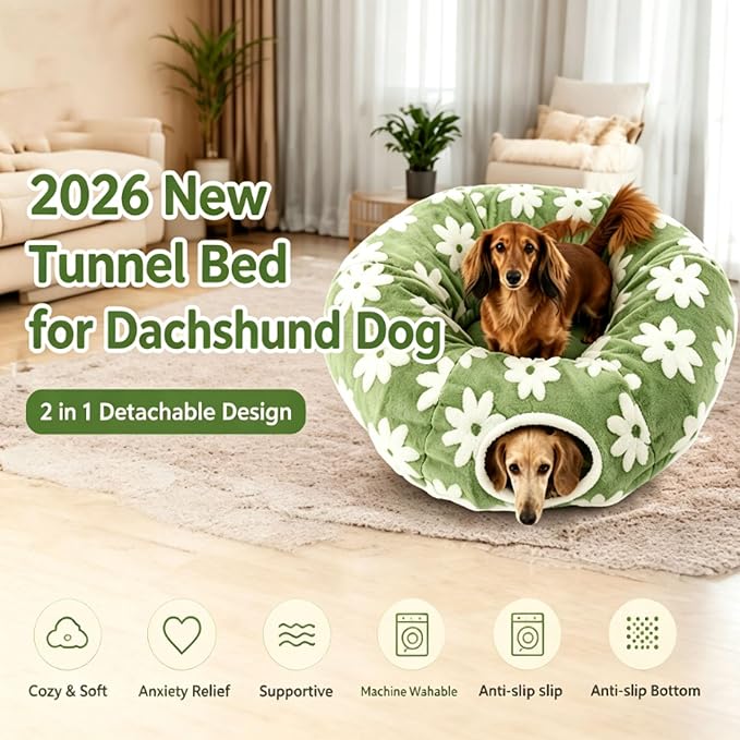 2026 New Tunnel Bed for Dachshund Dog,Dachshund Tunnel Bed - Flower Design Plush Foldable Dog Bed,Cat TunnelBed for Indoor Cats Tunnel Donut with Cushion and Play Ball,2 in 1,Detachable (E)