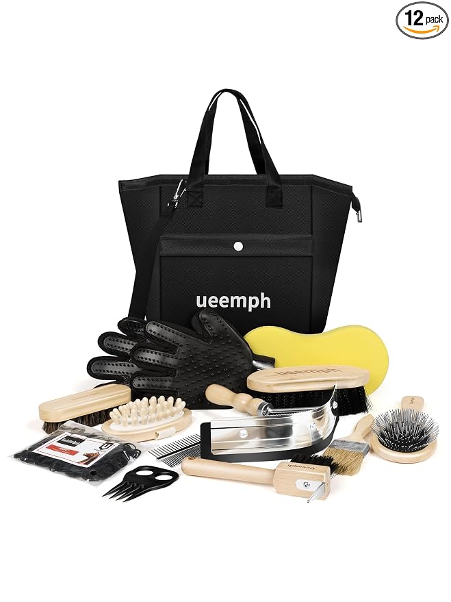 Horse Grooming Kit (12-Piece): Brushes, Storage Bag, Sweat Scraper, Mane Comb, Grooming Gloves, Horse Gift for Girls (Black)