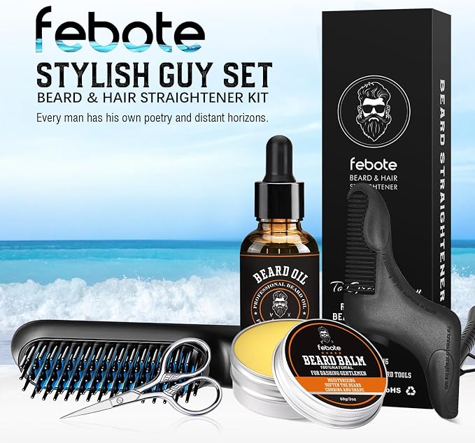 Beard Straightener Kit for Man- Heated Grooming Beard Brush, Beard Balm,Comb,Beard Growth Oil, Value Gift Set for Fathers Day,No-Scald,for Soft,Thick,Curly Beard,Prevent Damage