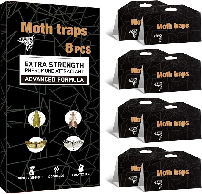PIMAG Upgraded Moth Traps, Double Potent Pantry & Clothes Traps with Pheromones Prime, No Toxic & Odorless Meal Moth Trap, Organic Sticky Moths Balls Repellent with Lure for Closet, Kitchens -8Pack