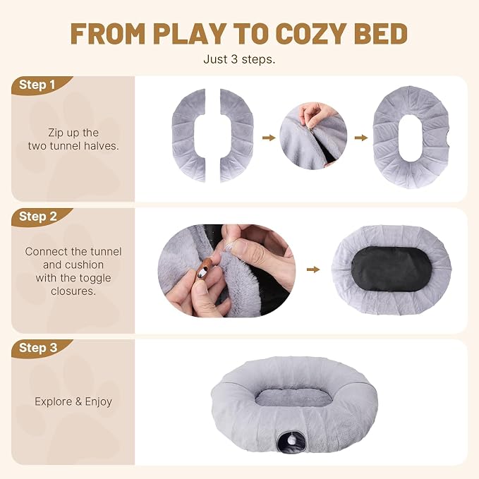 Extra Large Cat Tunnel, 47.2in Multi-Cat Family Big Cat Tunnel for Cats | Long Cat Tunnel Bed with Washable Plush Mat, XXL Pet Play Tunnel Toy for Cats, Puppy, Rabbits Grey