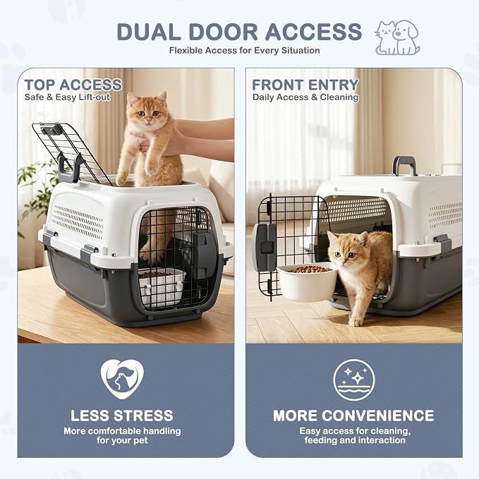19.5" Hard-Sided Pet Carrier for Small Dogs & Cats, Plastic Cat Carriers | Front & Top Door Access, Ventilation Design, Feeding Bowl Included, for Camping & Trips, for Small Pets up to 20 lbs, Gray