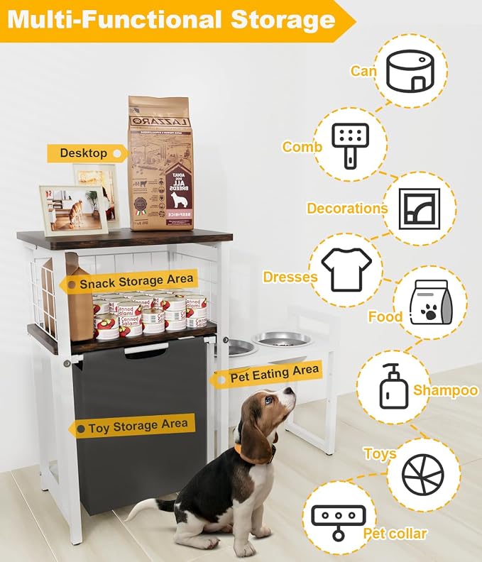 30.6Long x 26.2 High Elevated Dog Bowl Stand, White | with Pet Food Storage Organizer, Adjustable Raised Feeding Station with Toy Basket for Large Medium Small Dogs and Cats