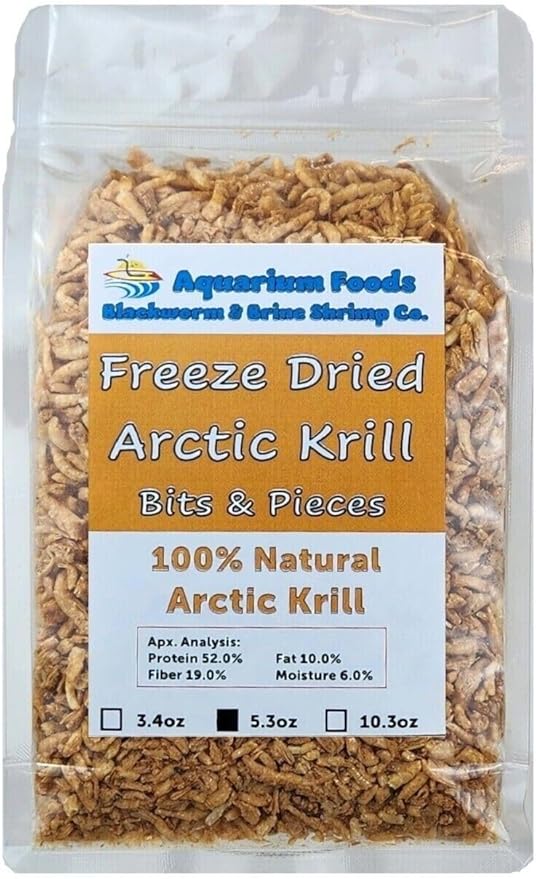 Aquatic Foods Inc. Arctic Krill, Freeze Dried Krill for Tropical Fish, Marine Fish, Cichlids, Catfish, Pond Fish, Aquatic Turtles, Land Turtles, Hamsters, Rodents, Reptiles…5.3oz Clear Bag