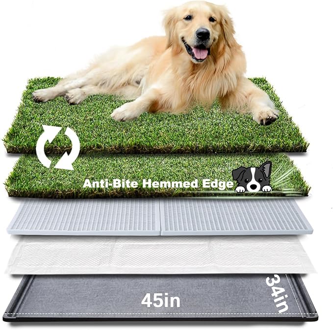 HQ4US 4LEGS Dog Grass Pad with Tray, Dog Litter Box with Artificial Grass | Extra Large Grass Pee Pads for Indoor Dogs Potty Tray with Grate, Grass Hemmed Edge, Realistic, Less Stink Toilet for Balcony