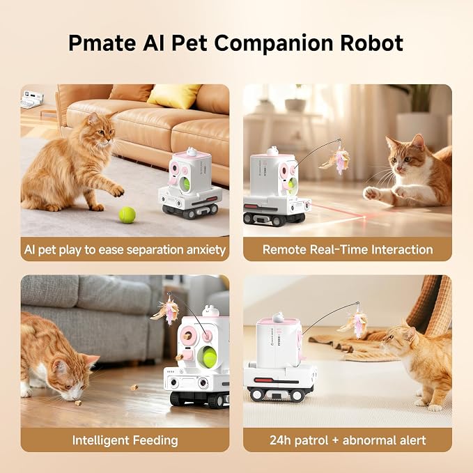 Pmate AI Pet Camera Robot Companion for Dogs & Cats Robot Camera with Visual Recognition Remote Video Interaction Auto Feeding & Play Red Light Teaser Night Vision Auto Charging Pink