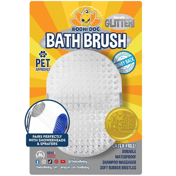 Bodhi Dog Shampoo Brush - Pet Grooming & Bath Supplies for Dogs and Cats - Bath Brush for Long & Short Hair - Premium Scrubber for Shower, Showerhead, Sprayer & Bathing (One Pack, Silver)
