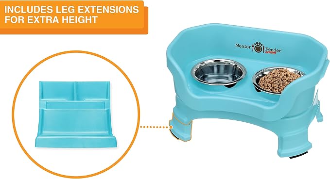 Neater Feeder Deluxe Mess-Proof Elevated Dog Bowls for Small Dogs (Up to 19 lbs), 2 Height Adjustable (6” & 7.5”) No-Spill Raised Dog Bowl Stand, Stainless Steel Food Bowl Set, Made in USA, Aquamarine
