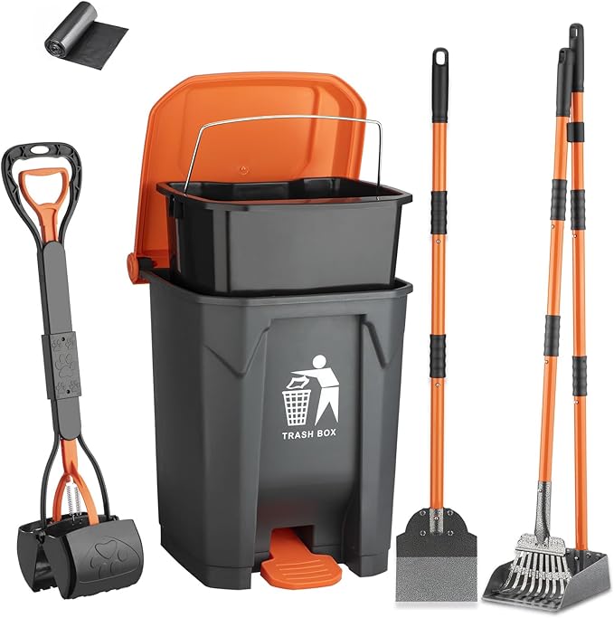 Pooper Scooper 6 Pack Set -INCL 15L Trash Can Outside, 20 Waste Bags, 38" Long Handle Dog Pooper Scooper Rake Tray Spade Set for Large Dog,OdorLock Step Can for no Touch Dog Poop for Grass/Gravel