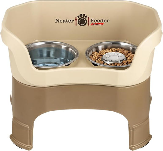 Neater Feeder Deluxe Mess-Proof Elevated Dog Bowls for Large Dogs (40+ lbs), 2 Height Adjustable (14.5” & 17.5”) No-Spill Raised Dog Bowl Stand w/Slow Feed Bowl for Food, Made in USA, Cappuccino