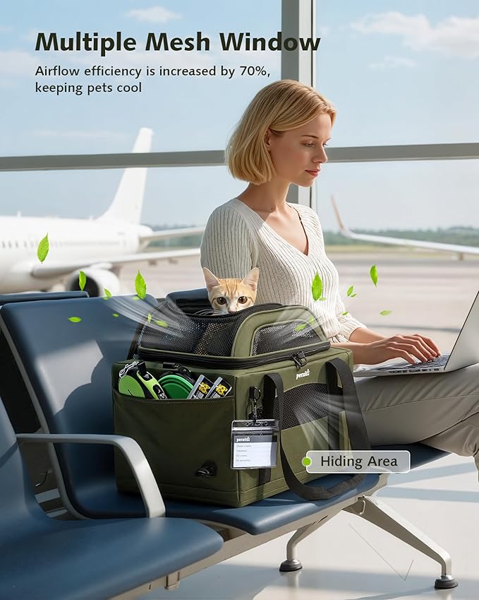 Pecute Expandable Airline Approved Pet Carrier for Cats & Dogs, Light Gray | Fits pets under 11 lbs, Under-seat airline approved, Anti-scratch mesh, Safety leash & locking zippers, Leakproof pee pad