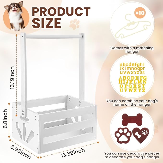 Teenyyou 20 x 13 x 9 Wooden Dog Closet Pet Wardrobe Crate Box with Hanging Rods and Personalized Alphabet Letters Easy Assembly Baskets for Dog Cat Toys Clothes Accessories(White)