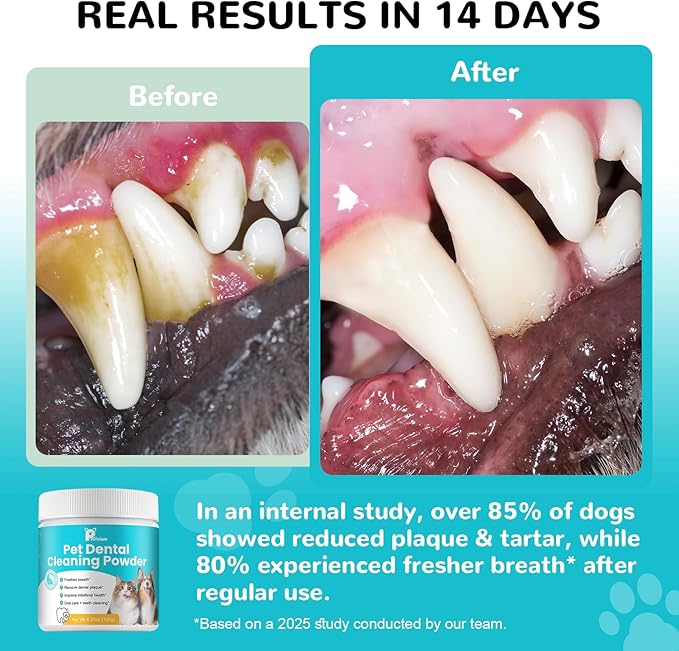 Dog Teeth Cleaning Powder, Dental Powder for Dogs Teeth Cleaning and Breath Fresh, Bad Breath Fresher & Tartar Remover with Enzyme, Probiotics. Plaque Off Pet Tooth Cleaning 120 Grams 60 Servings