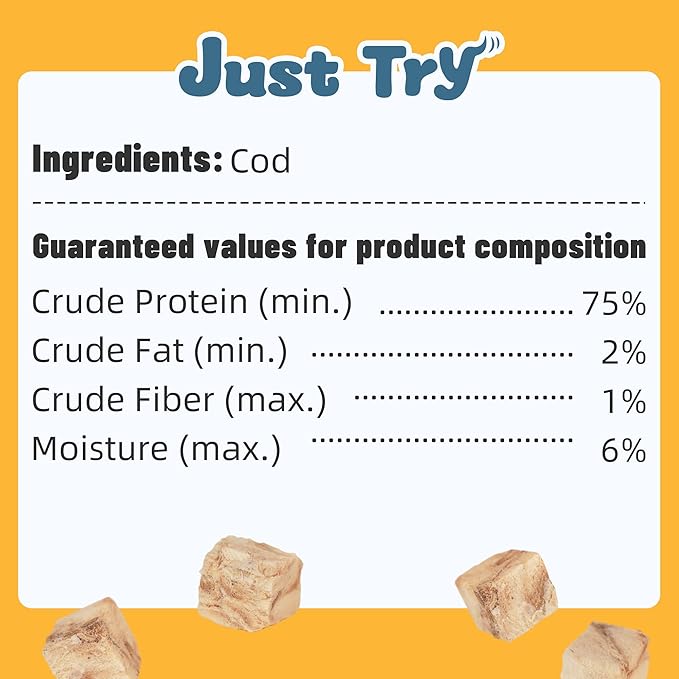 Just Try 4.76 oz Freeze-Dried Cod Bites for Dogs & Cats - High Protein, Low Fat Dog Treats - Grain-Free, Omega-3 for Joint Health